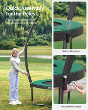 Person slotting an enclosure pole into the trampoline frame and securing it with screws