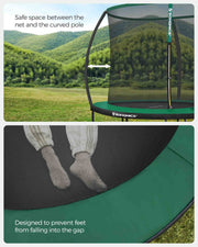 Child jumping on the trampoline inside the safety net enclosure in a garden setting