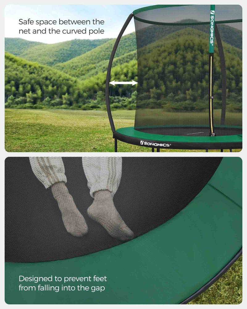 Child jumping on the trampoline inside the safety net enclosure in a garden setting