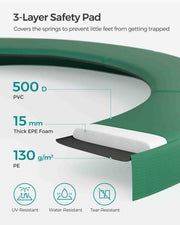 Close-up of the coiled springs and jumping mat connection on the trampoline