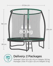 Dimensions diagram showing the trampoline's jumping area and overall height