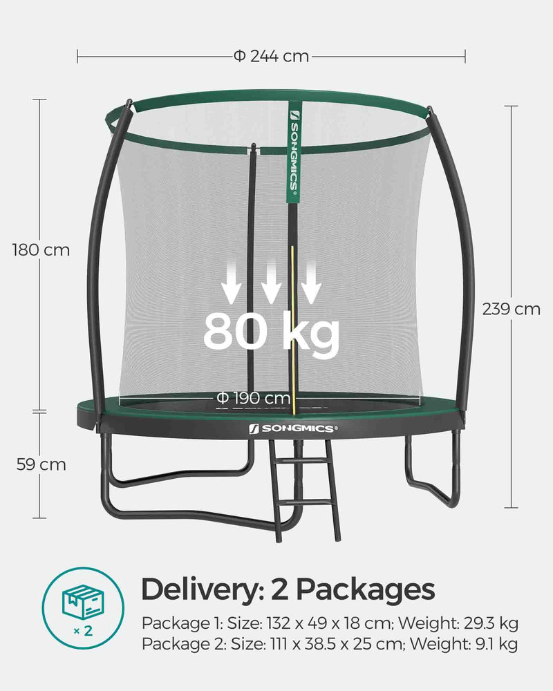 Dimensions diagram showing the trampoline's jumping area and overall height