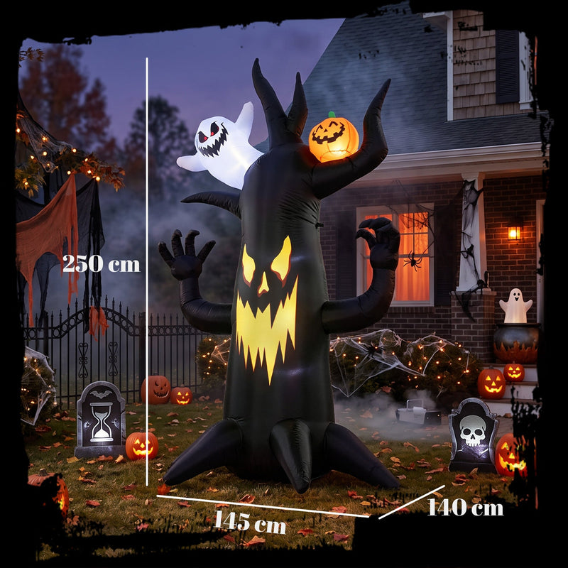 Dimension diagram showing the Outsunny spooky tree at 250 cm tall, 145 cm by 140 cm base