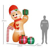 Gingerbread man inflatable dimensions diagram showing 245cm high, 170cm wide and 100cm deep beside a 180cm figure