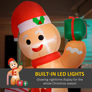 Close-up of the gingerbread man's face and Santa hat with a built-in LED lights caption