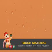 Close-up of the orange polyester fabric with water droplets and a tough material caption