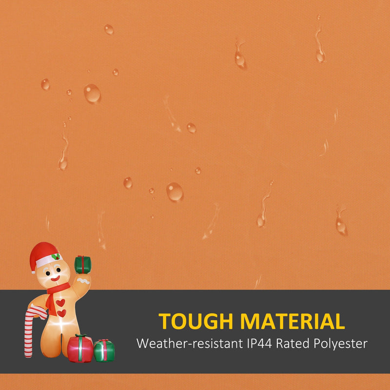 Close-up of the orange polyester fabric with water droplets and a tough material caption
