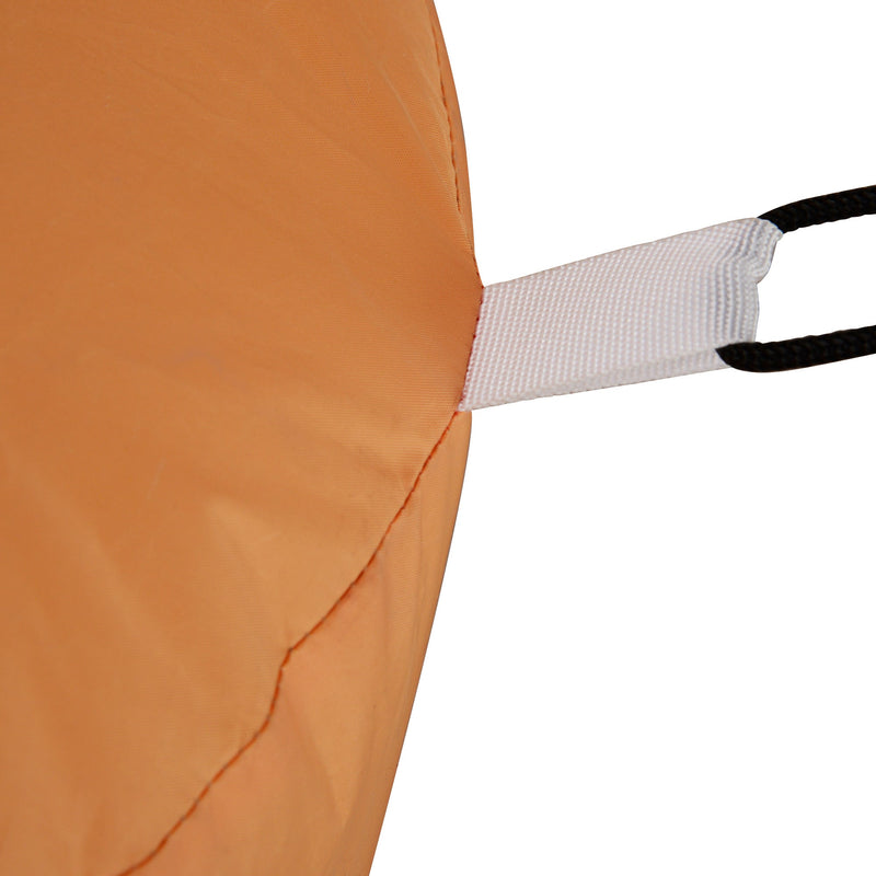 Close-up of a white tether loop stitched to the orange polyester fabric