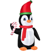 8ft inflatable penguin in red hat and scarf holding a candy cane on white
