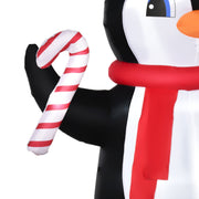 Close-up of the penguin's wing holding a red and white candy cane