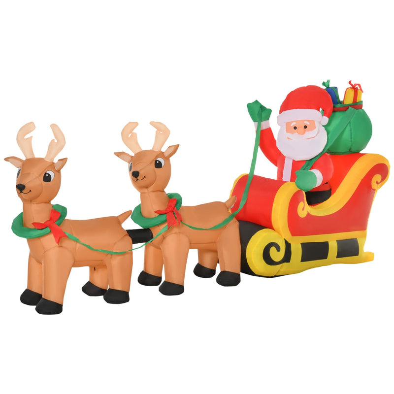 Inflatable Santa sleigh and two reindeer from a side angle on a white background