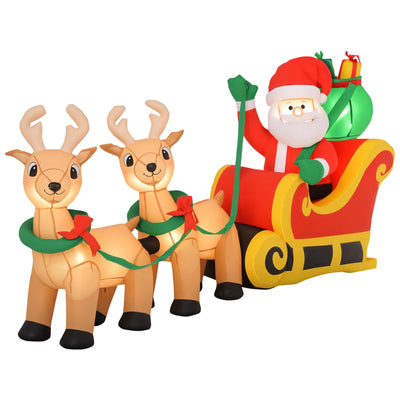 Inflatable Santa waving from a red and gold sleigh pulled by two reindeer on a white background