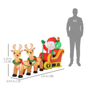 Dimensions diagram of the Santa sleigh: 112 cm high, 57 cm deep and 240 cm long, beside a 6ft figure