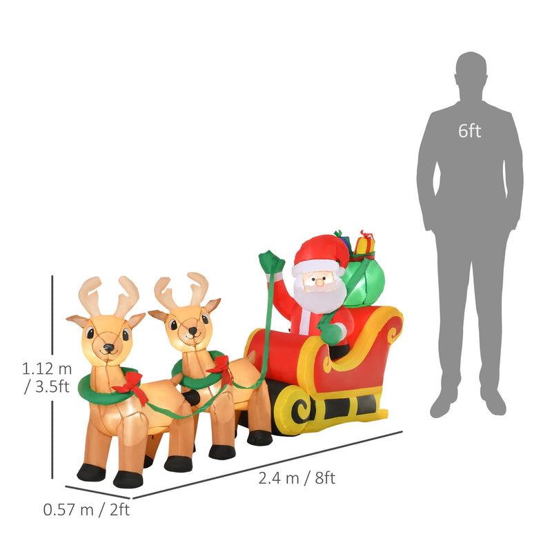 Dimensions diagram of the Santa sleigh: 112 cm high, 57 cm deep and 240 cm long, beside a 6ft figure