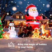 Family beside a lit Christmas inflatable display with Santa, snowman and reindeer in front of a snowy house