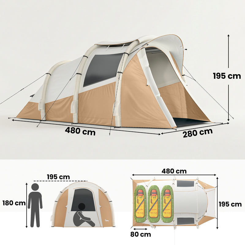 Inflatable Two Room Camping Tent for Quick Five Minute Setup Waterproof for 2 to 3 People Khaki Beige
