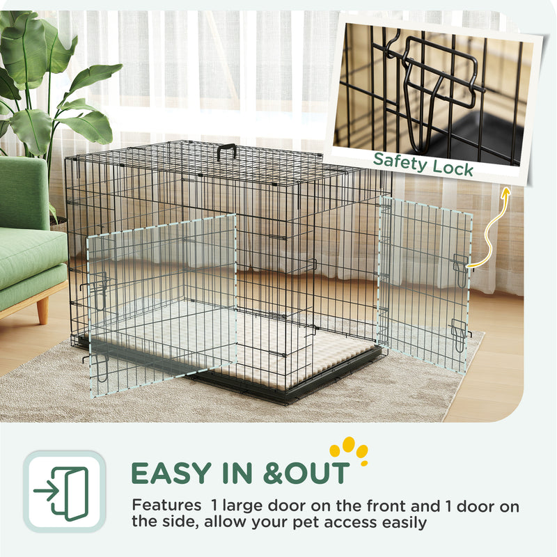 Foldable Dog Crate with 2 Doors Tray and Soft Cushion for Large Dogs 105cm Black by PawHut