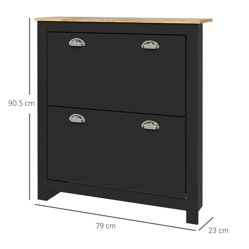 2 Drawer Wooden Shoe Cabinet With Flip Doors Fits 12 Pairs Ideal For Hallways, Black