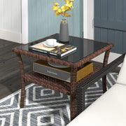 Brown Rattan Two Tier Square Coffee Table With Storage Shelf For Garden Patio Use
