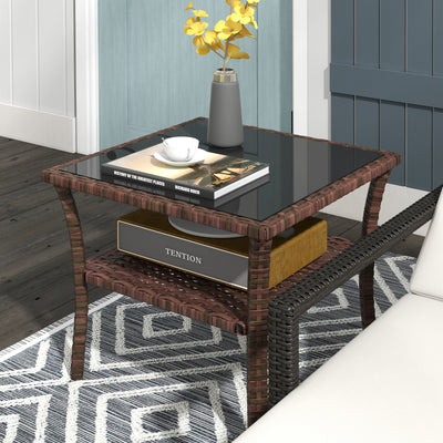 Brown Rattan Two Tier Square Coffee Table With Storage Shelf For Garden Patio Use