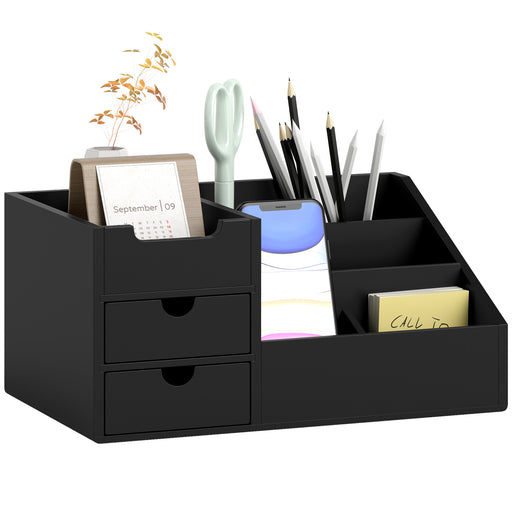 Black Bamboo Desk Organiser with 7 Compartments and 2 Drawers for Home Office by HOMCOM