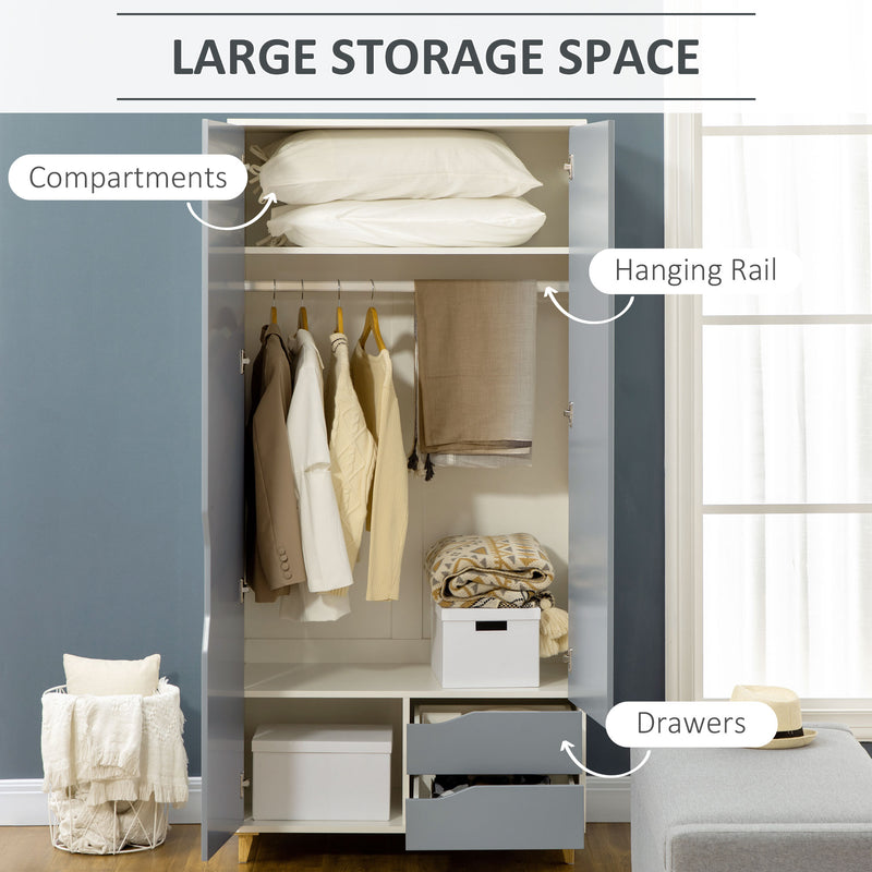 3 Piece Bedroom Furniture Set With Wardrobe And Storage Drawers For Home, Grey and White AOSOM