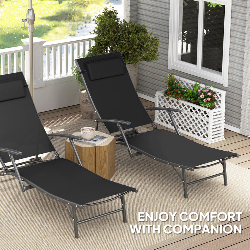 Set of 2 Black Folding Sun Loungers with Adjustable Recline and Pillows for Garden and Patio by Outsunny