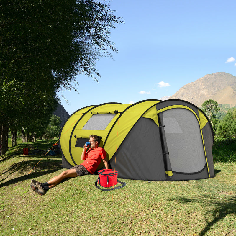 Outsunny 4 Person Pop-up Camping Tent, Family Dome Tent with Ground Sheet, 4 Windows and Portable Carry Bag for Beach Outdoor Trip, Yellow