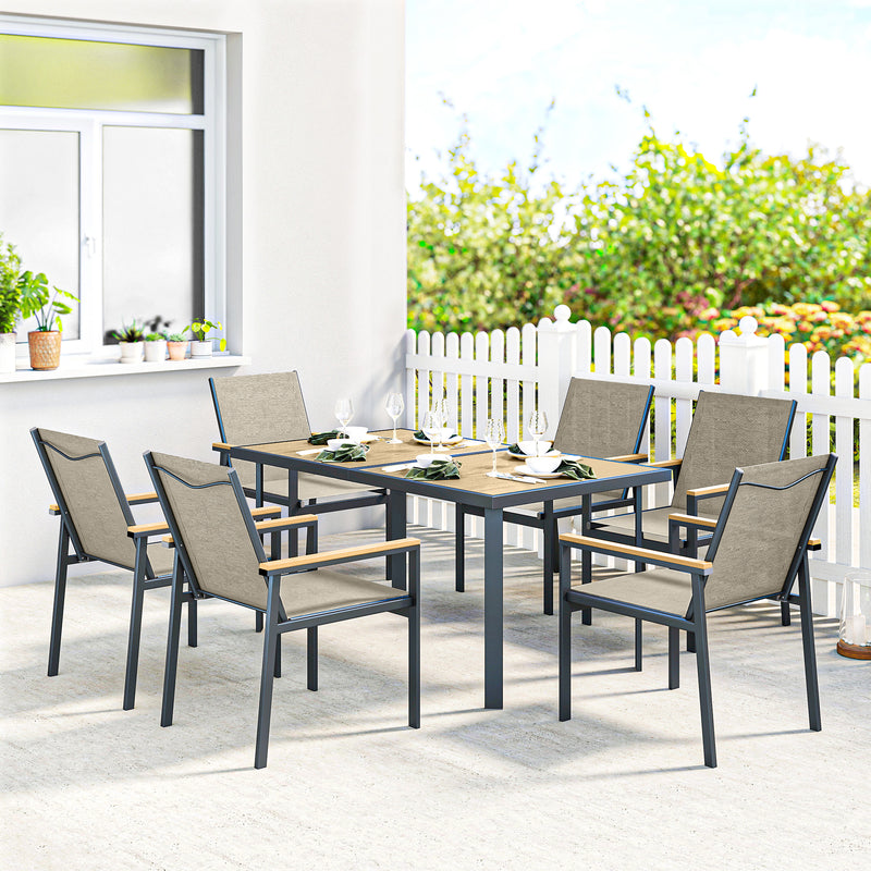 Garden Dining Set 6 Seater with Easy Clean Table and Breathable Chairs, Teak Outsunny