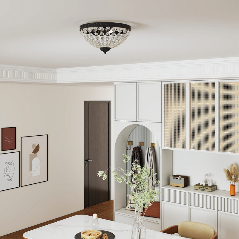 2 Light Flush Mount Crystal Chandelier with 168 Beads Ideal for Lounge or Bedroom, Black