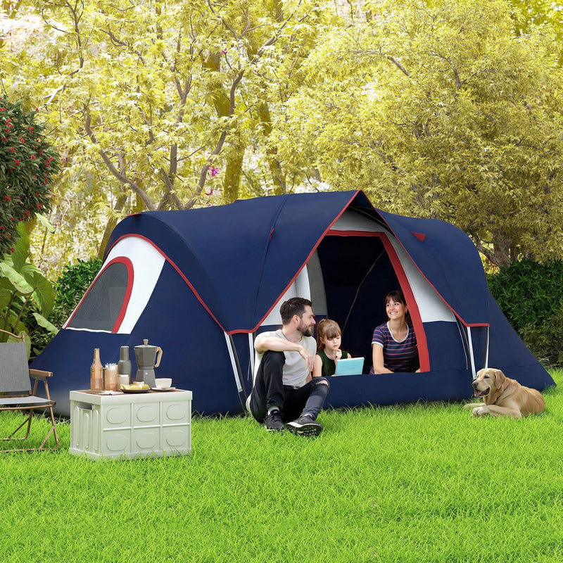 Large Family Tunnel Camping Tent With Rainfly, Groundsheet & Mesh Windows, Navy Blue