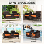 Rattan Garden Companion Seat with Central Table and Cushions for Two Brown Outsunny
