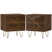 Set of 2 Brown Wooden Bedside Tables with Drawers and Gold Hairpin Legs by HOMCOM