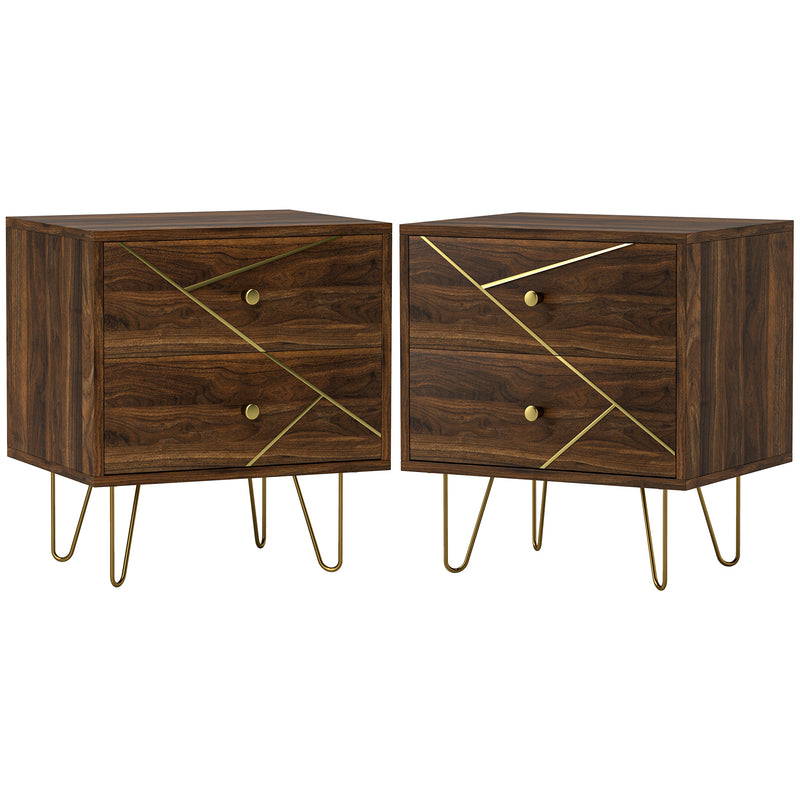 Set of 2 Brown Wooden Bedside Tables with Drawers and Gold Hairpin Legs by HOMCOM