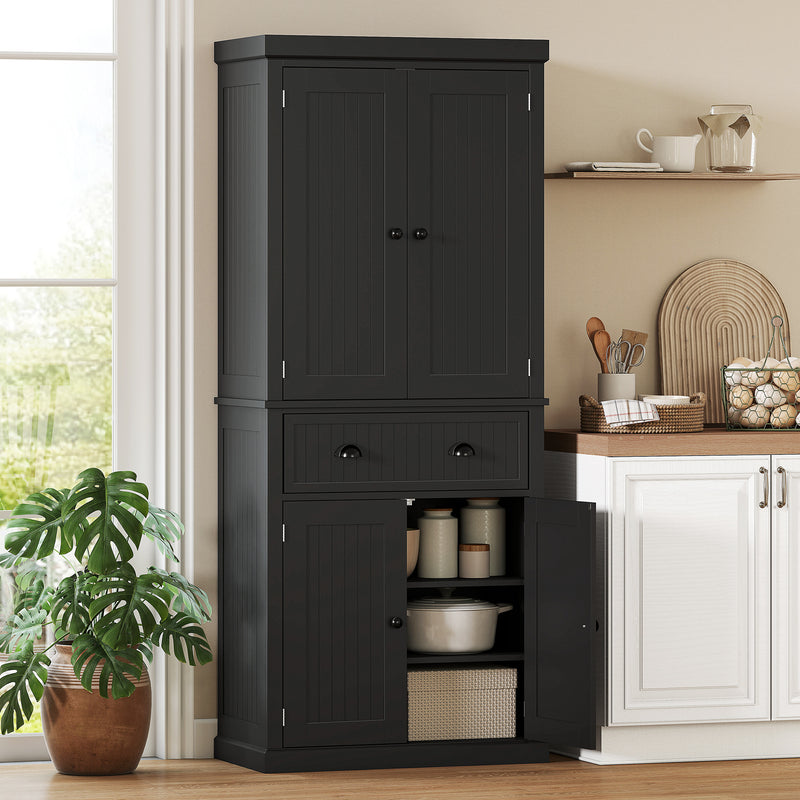 Tall Kitchen Storage Cabinet With Adjustable Shelves and Deep Cupboards Black