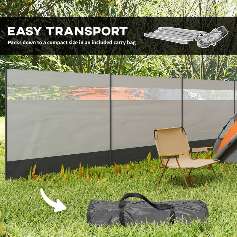 Camping Windbreak with Clear Windows and Steel Poles for Beach and Caravan Use Grey AOSOM