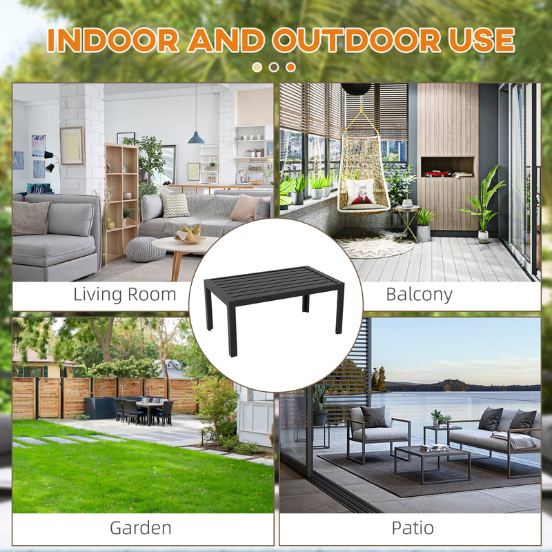 Black Rectangular Garden Side Table With Steel Frame And Slatted Top For Patio Use