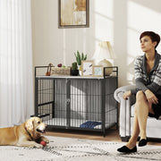 Large Dog Crate Furniture With Rotating Bowl Holder and Double Doors for Indoor Use, Grey