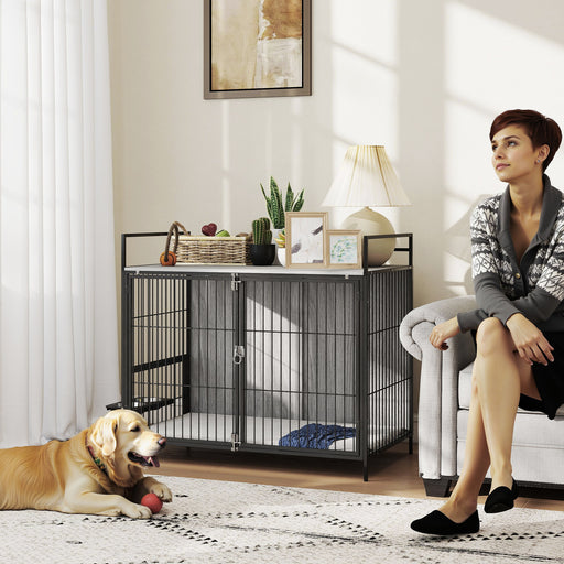 Large Dog Crate Furniture With Rotating Bowl Holder and Double Doors for Indoor Use, Grey