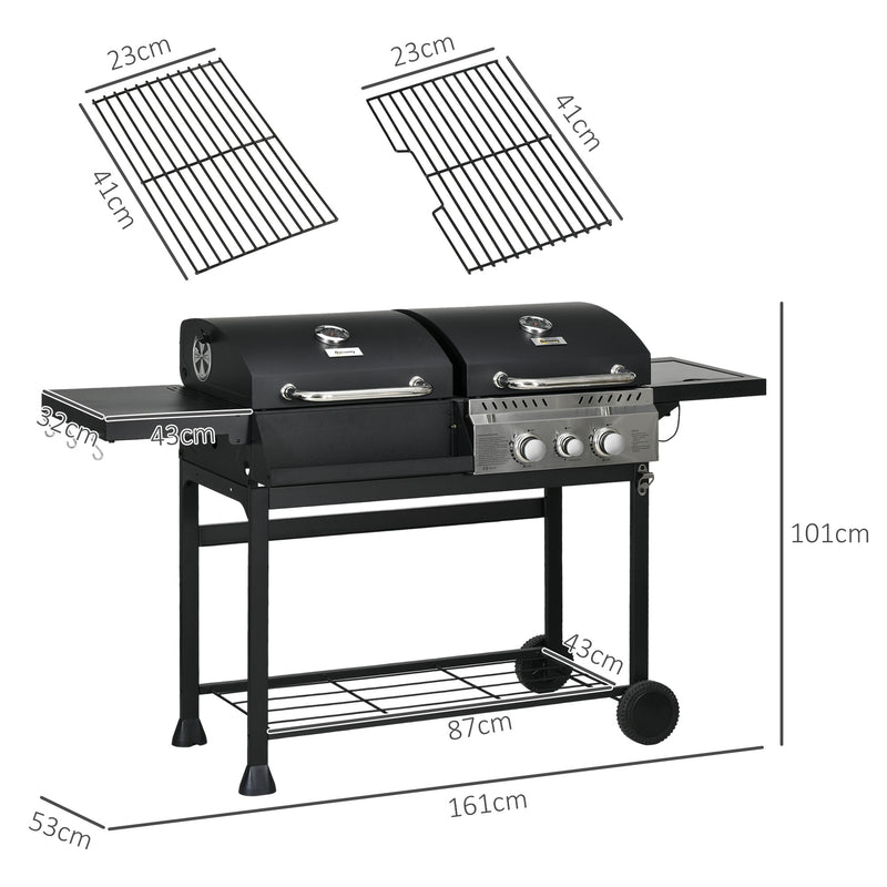 Dual Fuel BBQ Grill Charcoal and Gas with Lid and Side Shelves Black by Outsunny