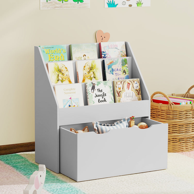 Kids Bookcase with Shelves and Drawer for Bedroom or Playroom Storage Grey