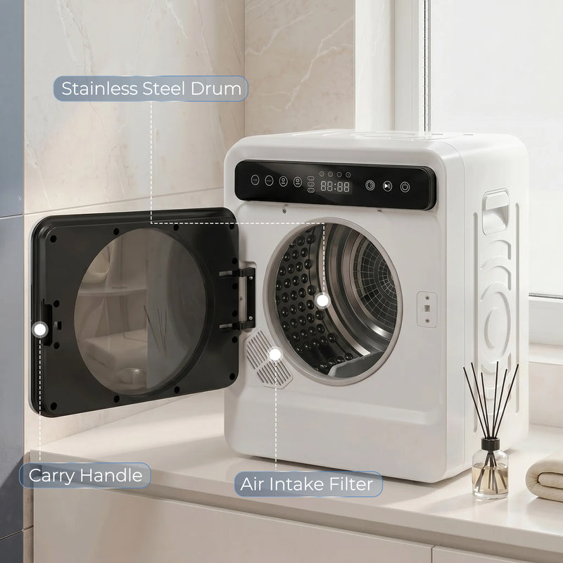 HOMCOM 5kg Vented Tumble Dryer, 1000W Compact Tumble Dryer with Smart Drying, Freestanding Stackable Clothes Drying Machine