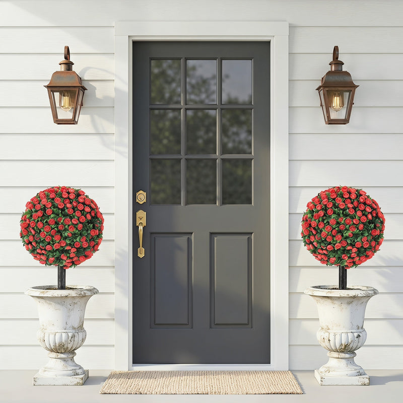 Artificial Rose Topiary Stakes Set of 2 for Easy Year Round Front Door Display
