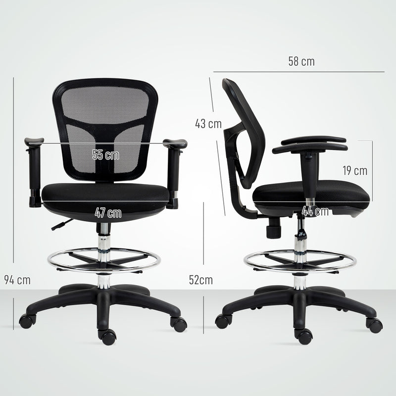 Ergonomic Black Mesh Drafting Chair with Adjustable Armrests and Footrest