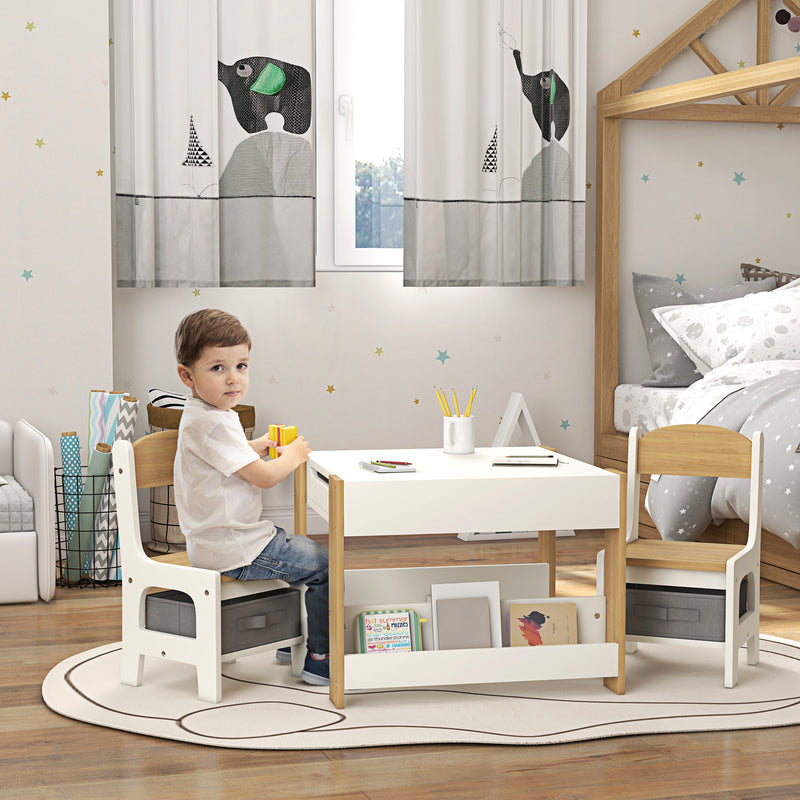 Three Piece Kids Table and Chair Set with Blackboard Storage and Shelves in Natural Wood AOSOM
