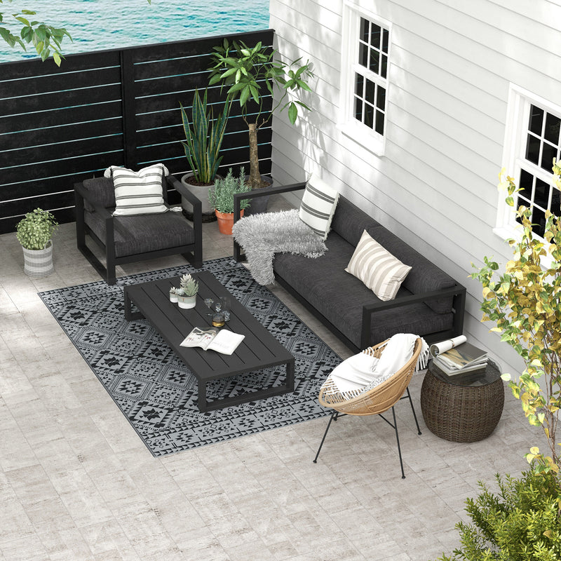Reversible Black and Grey Outdoor Rug 182 x 274cm with Carry Bag for Garden or Camping