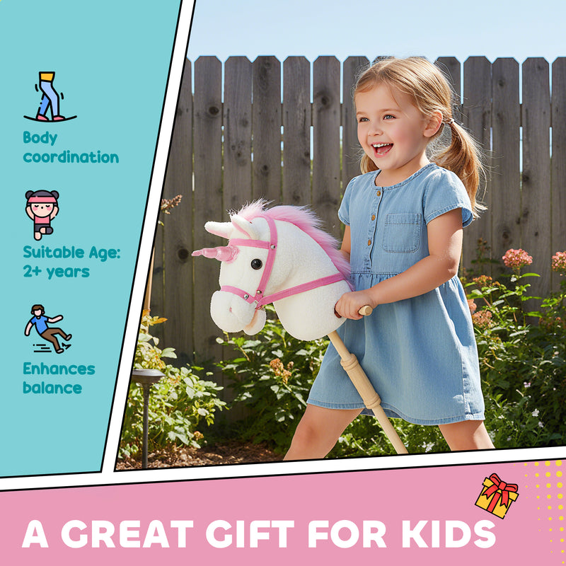 Unicorn Stick Horse Toy With Wheels and Realistic Sounds for Kids Riding Fun White AOSOM