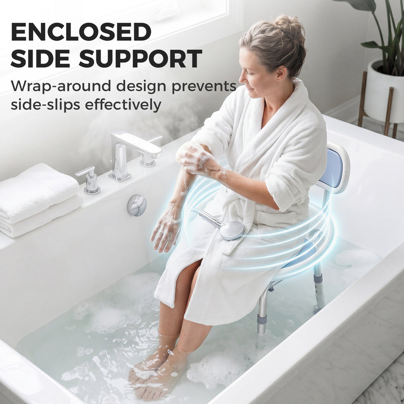 Shower Stool with Height Adjustment and Non Slip Feet for Safe Bathing White Blue