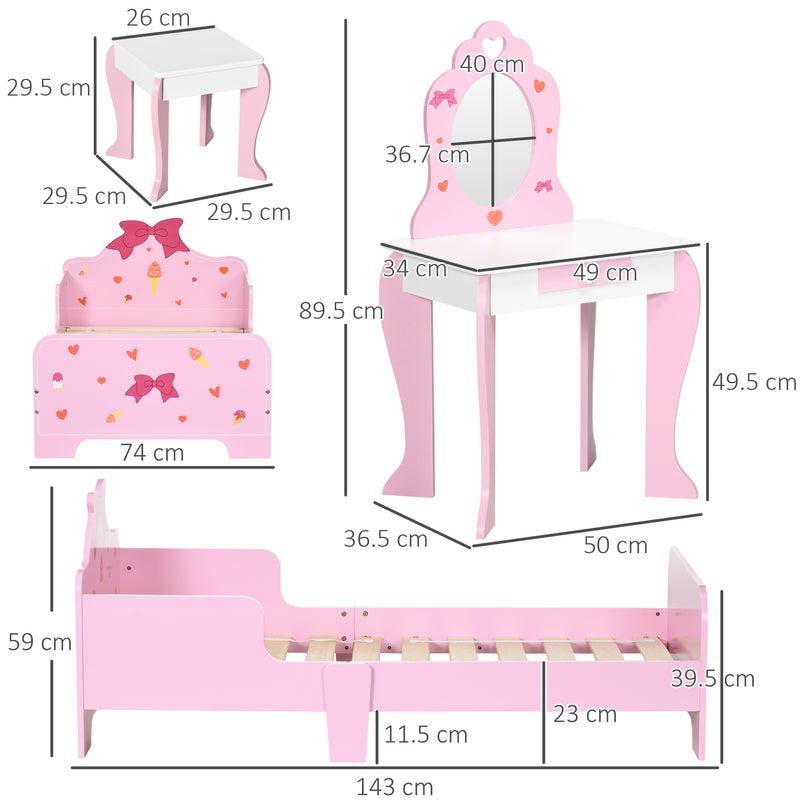 3 Piece Kids Bedroom Furniture Set with Bed Dressing Table and Stool for Ages 3 to 6 Pink AOSOM