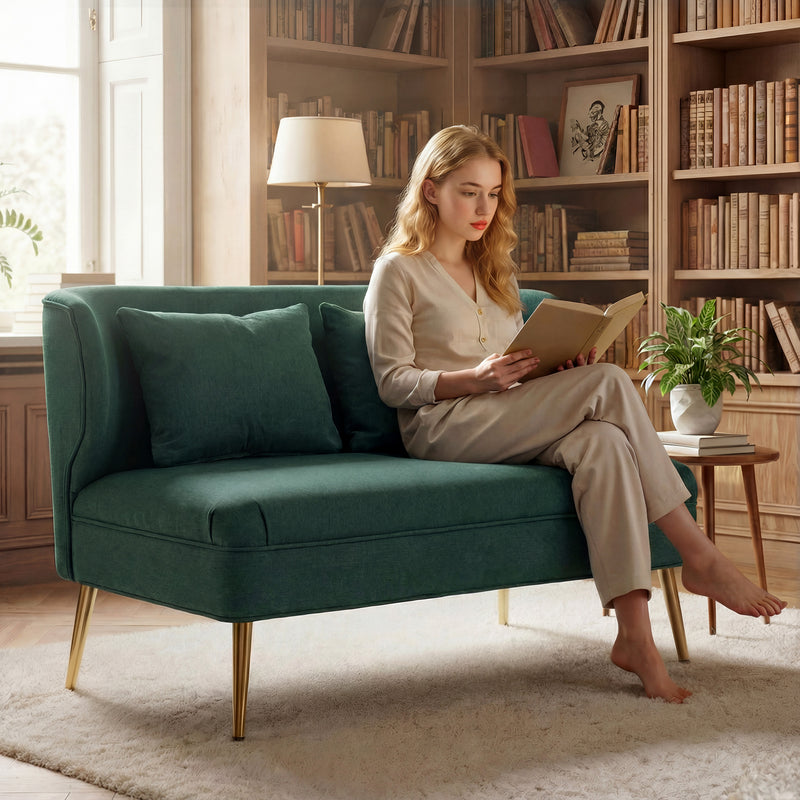2 Seater Sofa, Dark Green Linen Look Sofa with Wing Back and Gold Metal Legs for Small Spaces
